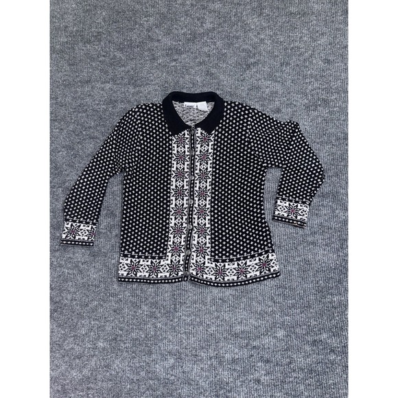 Capacity Sweaters - Y2K Capacity Fair Isle Collared Button Cardigan Sweater Black White Red M